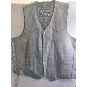 Mens Leather Biker Vest ROAD WEAR Black Buffalo Black Snaps Size Large